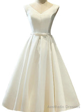 Satin A-Line Short V Neck Sashes Lace Up Tea Length Bridal Dresses